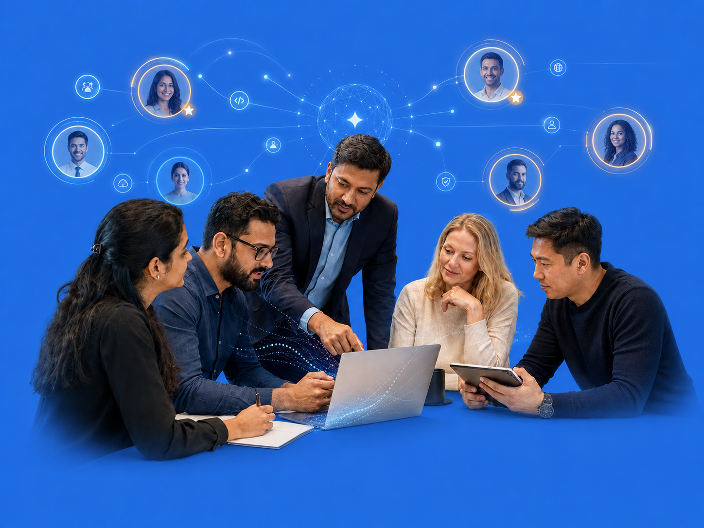 A project team reviewing work together, linked to a wider network of professionals